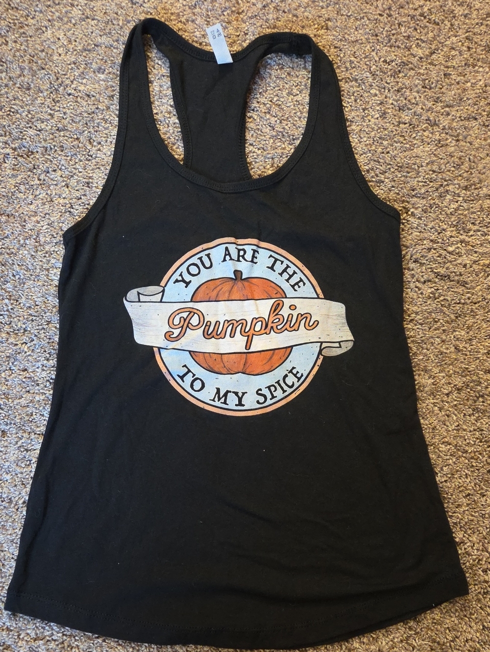 Pumpkin Spice Graphic Black Racerback Tank Top In Women's Medium.